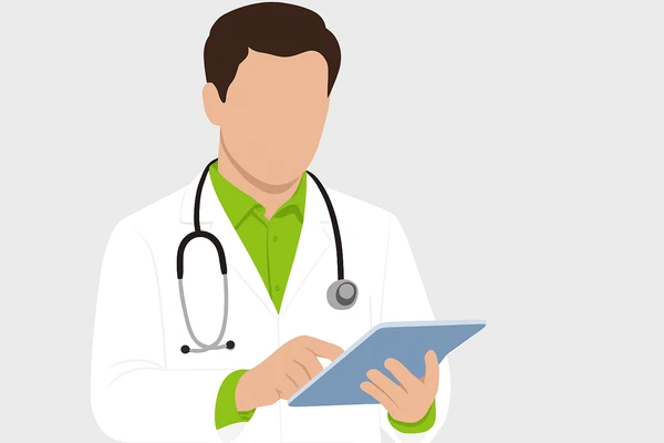 Ein Arzt in grünem Hemd und weißem Kittel mit Stethoskop - ein Platzhalterbild